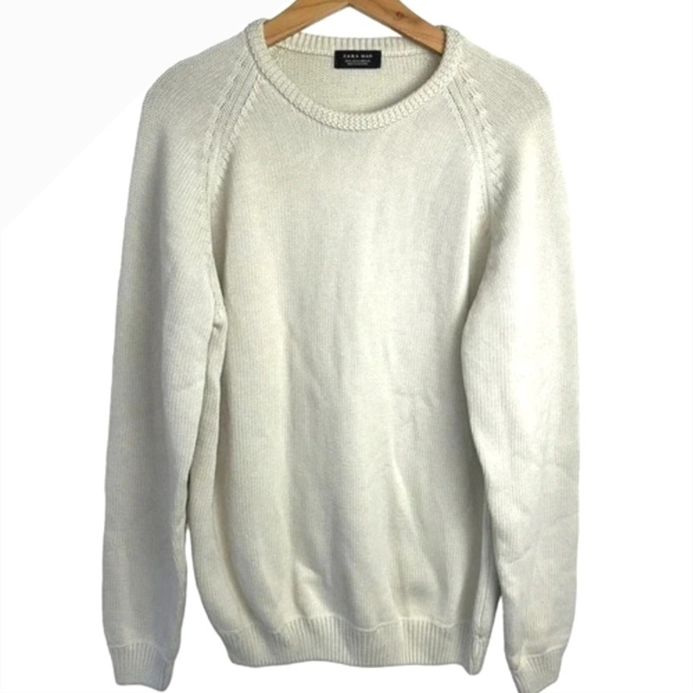 ZARA‎ MAN Cream Knit Raglan Sweater Pullover Mens Large Preppy